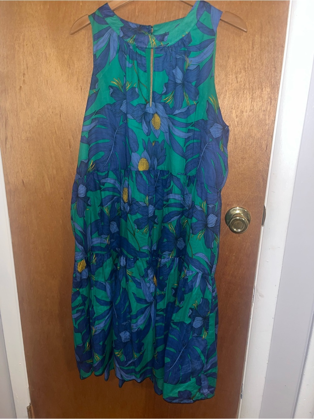Sleeveless Green & Blue Floral Tiered Midi Dress